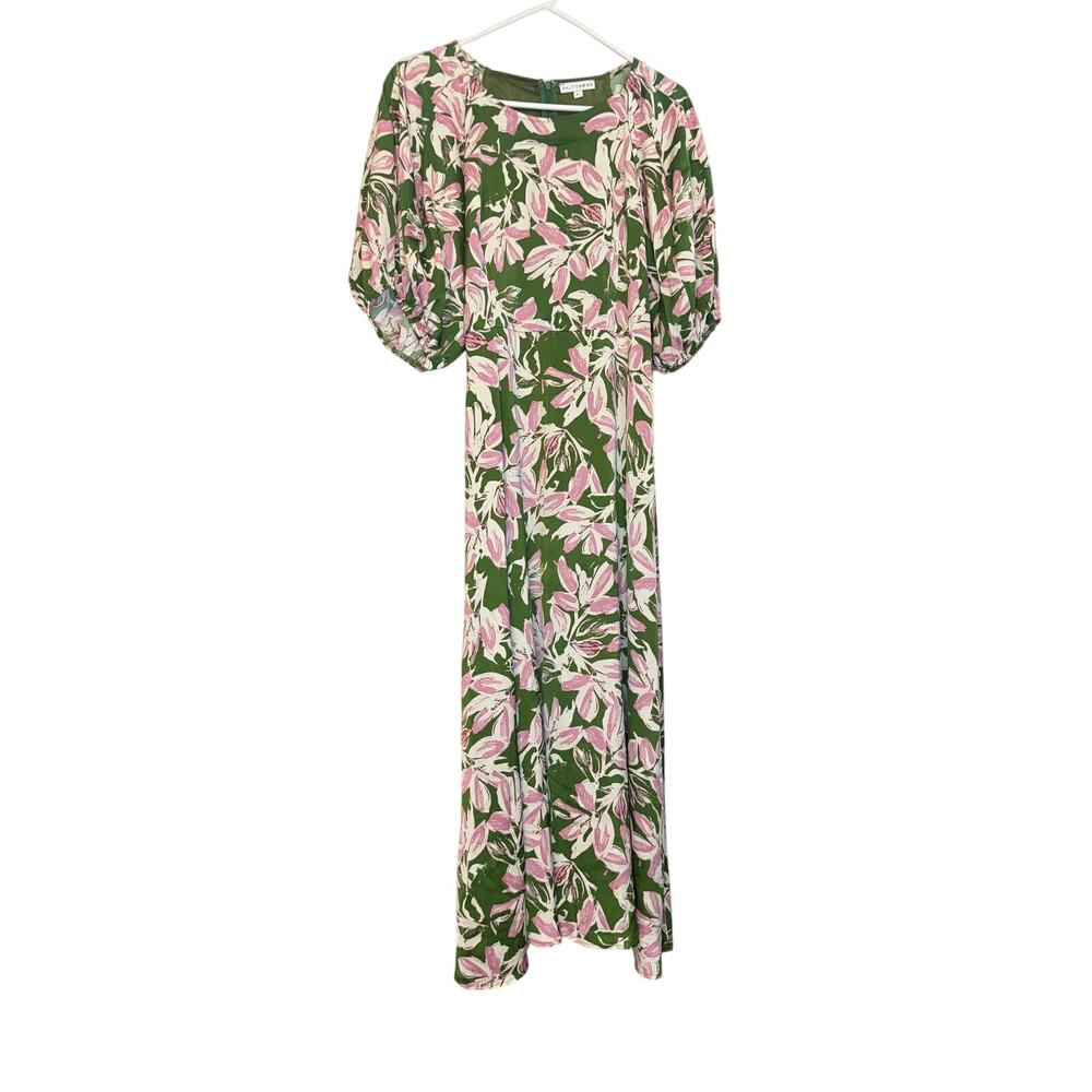 Baltic Born green floral maxi dress, balloon sleeve, back tie. Size L. spring